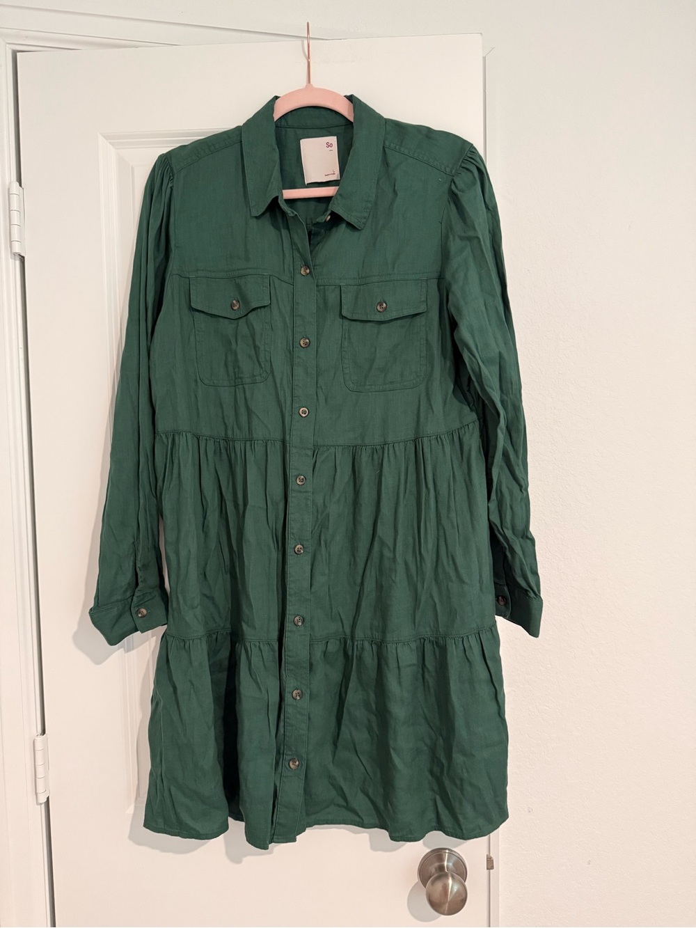 SO Green Tiered Button-Front Shirt Dress